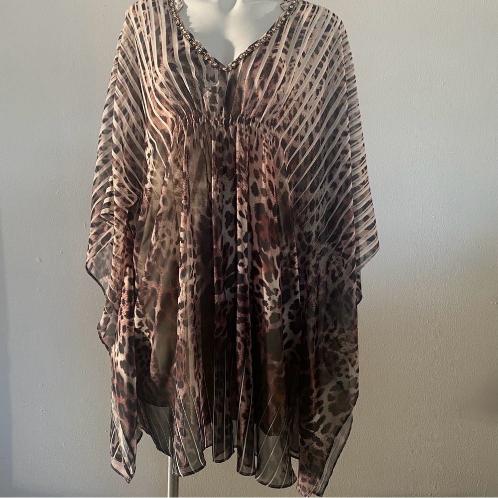 Jennifer Lopez Animal Print Sheer overlay Stretch top Bling V-Neck Dress Tunic